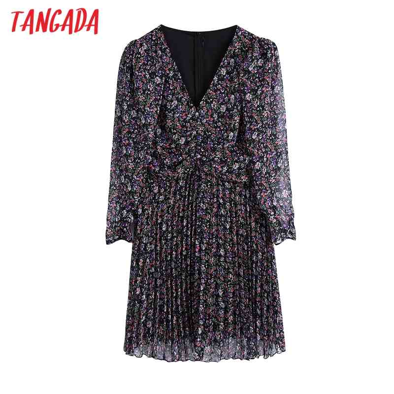 Women Floral Print Pleated Chiffon Dress Back Zipper Long Sleeve Casual Female Short Vestidos BE195 210416