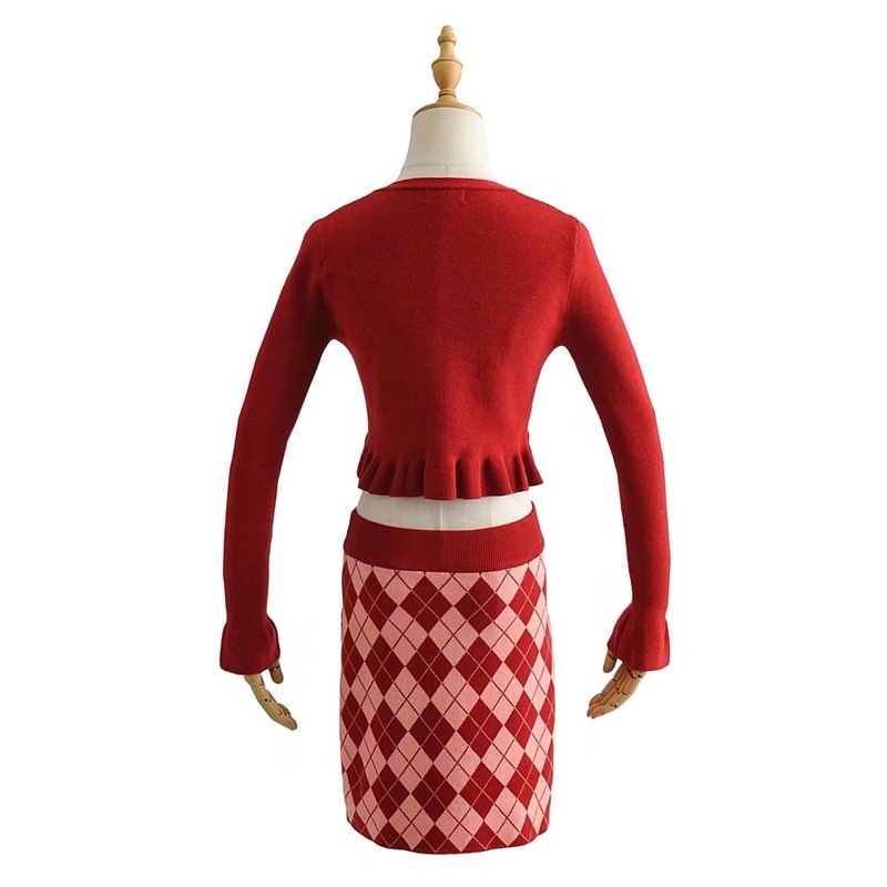 Vintage 90s Wood ears Argyle Plaid Knitting Cardigan Women Crop Sweater Elastic Waist Package Hips Mini Skirt 2 Pieces Set Y2K 210429