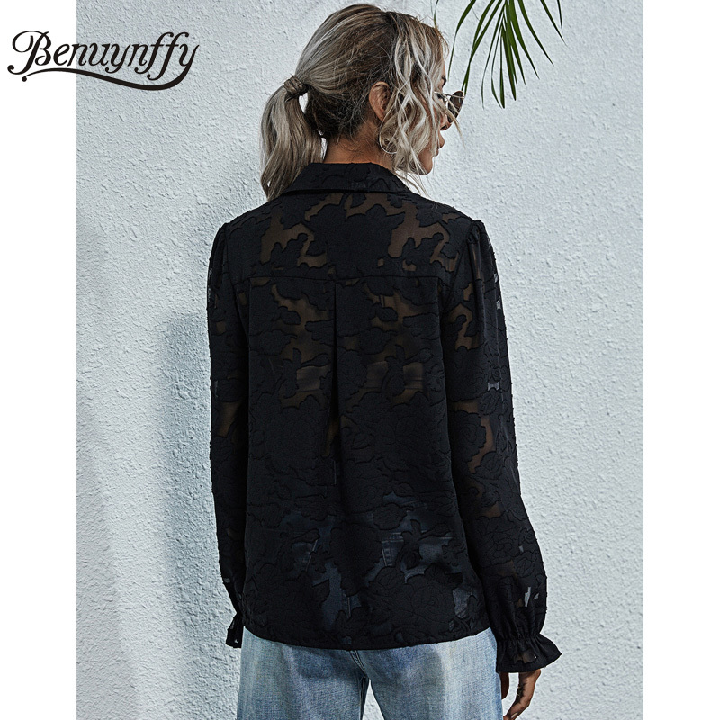 Turn-down Collar Button Up Sheer Blouse Spring Summer Women Black Sexy Shirt Long Sleeve Flower Applique Top 210510