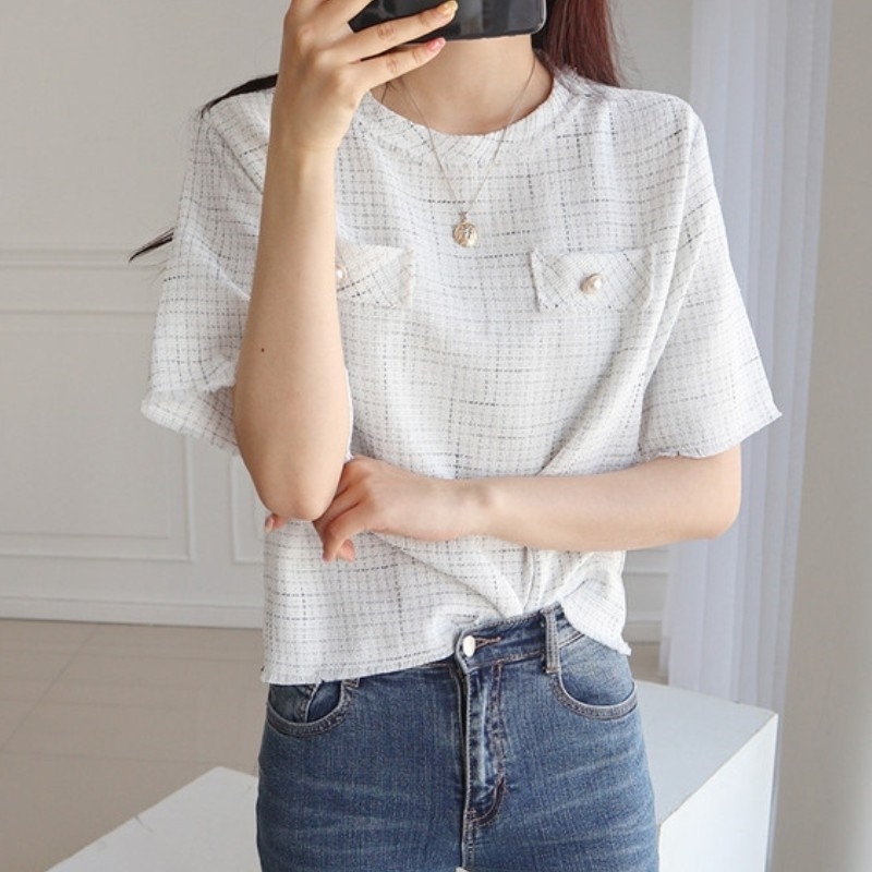 Fashion Women Thin Tweed Short Sleeve T-shirt Korea Summer Vintage Elegant Pullover Casual Top 210519