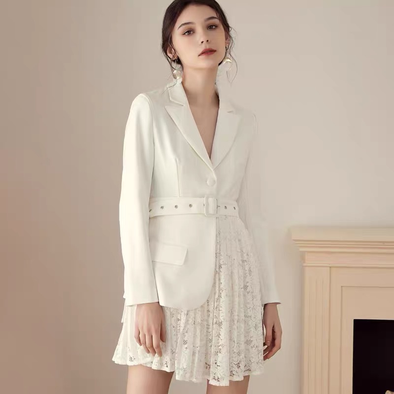 Spring Long Sleeve Fashion OL Style Suit Stitching Patchwork Lace Belt Women Party Mini Dress White vestido de mujer 210421