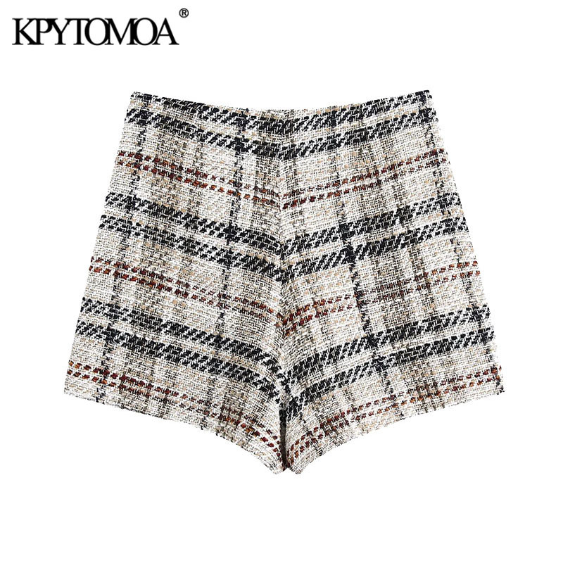 Women Chic Fashion With Buttons Check Tweed Shorts Skirts High Waist Back Zipper Female Skort Mujer 210420