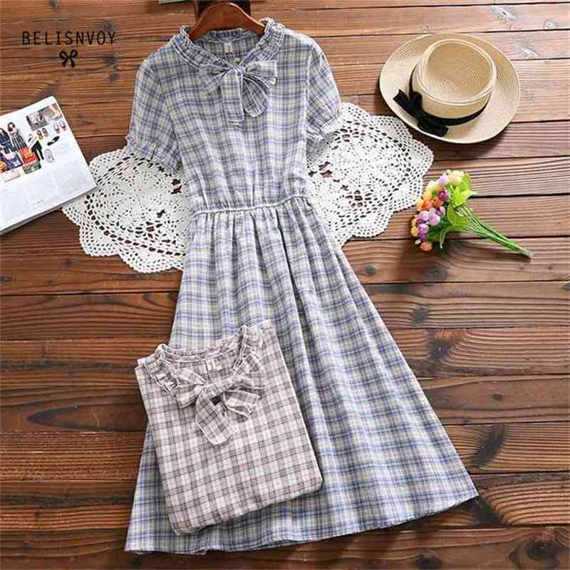 Mori Girl Summer Dresses Women Elegant Plaid Midi Ruffled Bow Short Sleeve Vintage Vestidos Cotton Linen Casual 210520, Khaki
Mori Girl Summer Dresses Women Elegant Plaid Midi Ruffled Bow Short Sleeve Vintage Vestidos Cotton Linen Casual 210520, Khaki