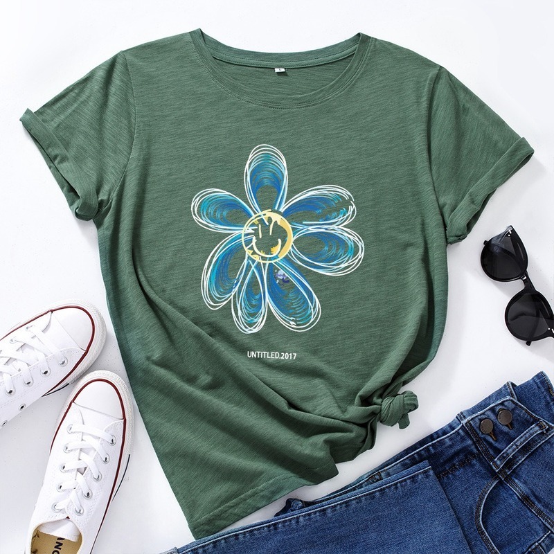 JCGO Summer Cotton Women T Shirt 5XL Plus Size Cute Flower Print Short Sleeve Graphic Tees Tops Casual O-Neck Oversized TShirt 210406