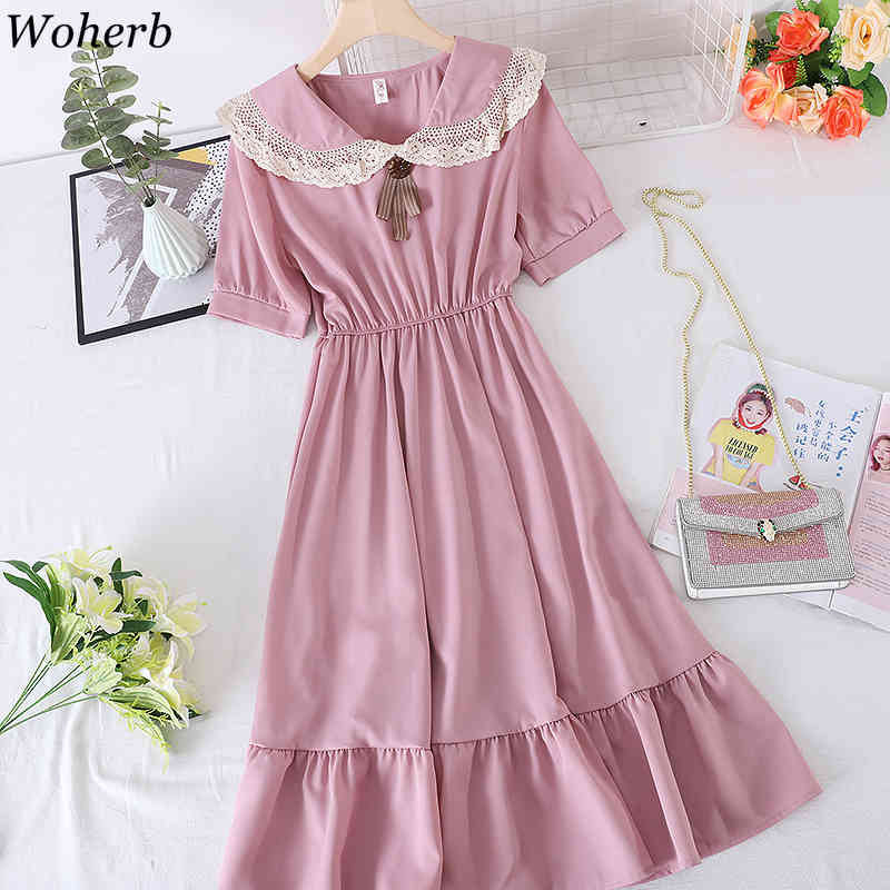 Vintage Elegant Dress Women Peter Pan Collar Lace Patchwork Slim A-line Dresses Korean Sweet Wild Temperament Vestidos 210519