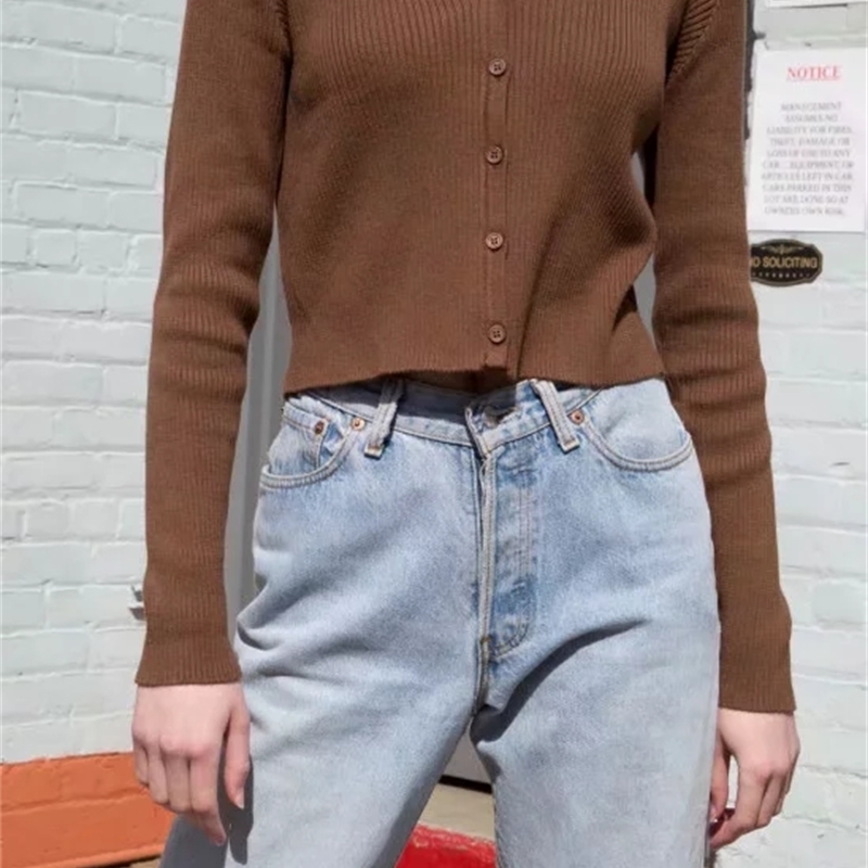 European slim thin short V-neck long-sleeved wool knitted cardigan women spring autumn stretch single-breasted top sweater 76RJ 210603