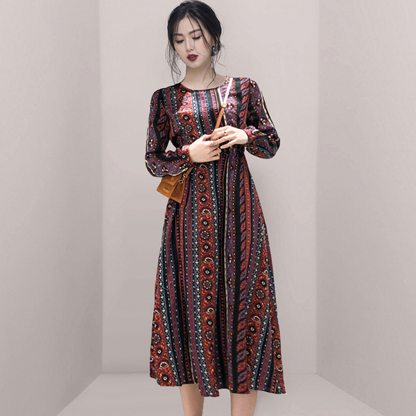 Retro Fashion Ethnic Print Chiffon Long Sleeve Casual Midi Dress + Double breasted Vest Two piece set Women Suit 210518