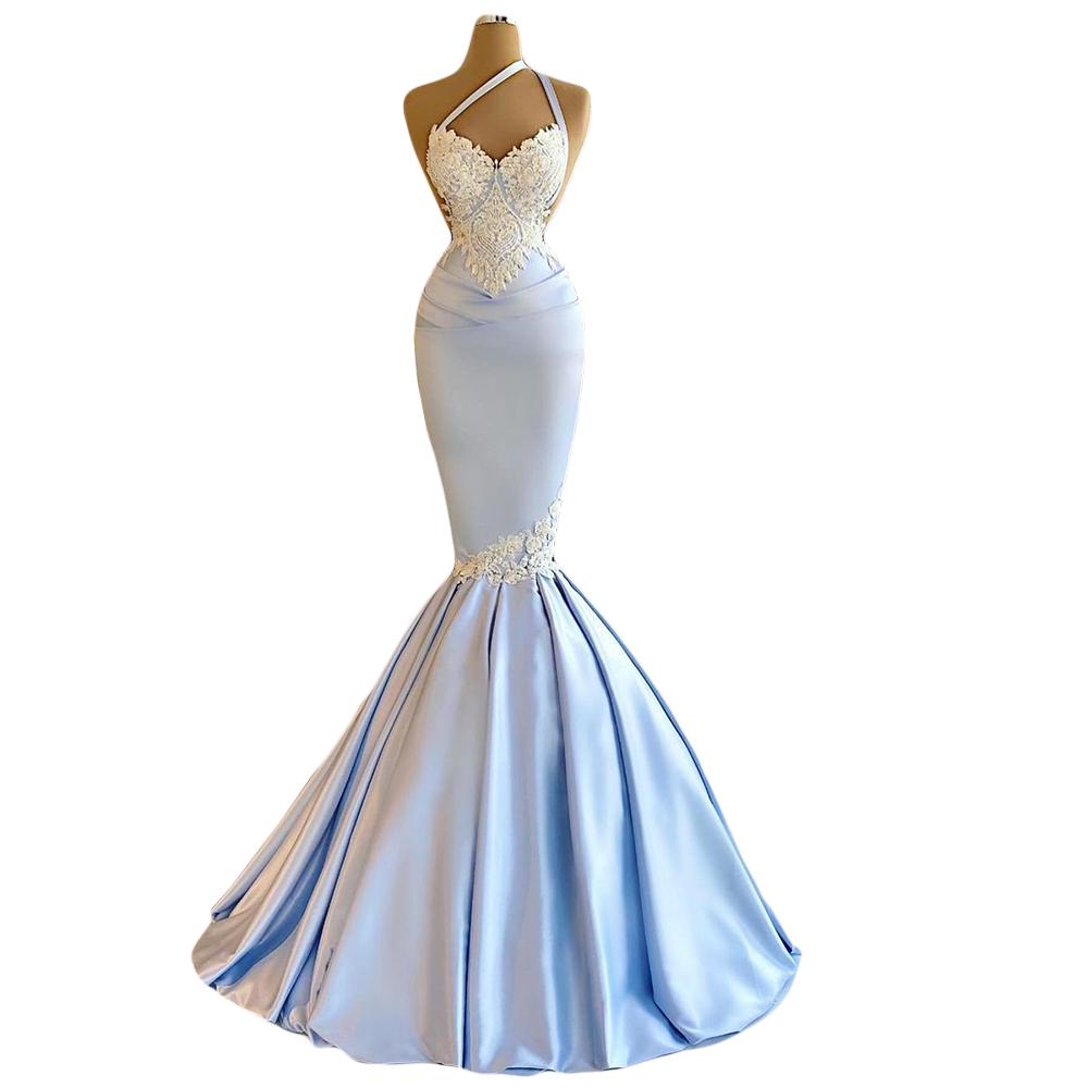 2021 Royal Blue Satin Evening Dresses For Women Lace Slim Fit Mermaid Prom Party Gowns Long Wrap Formal Robe De Soirée