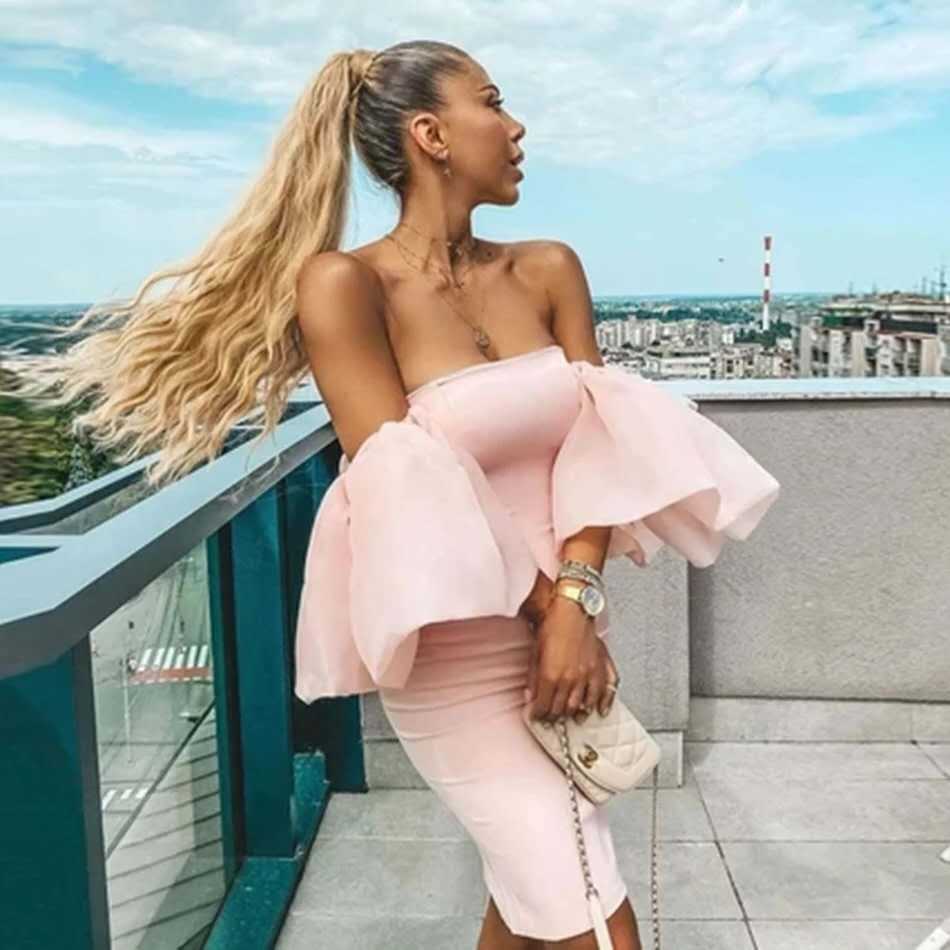 Autumn Women's Solid Color Puff Sleeve Mini Dress Sexy Strapless Tight Ladies Streetwear Costume 210525