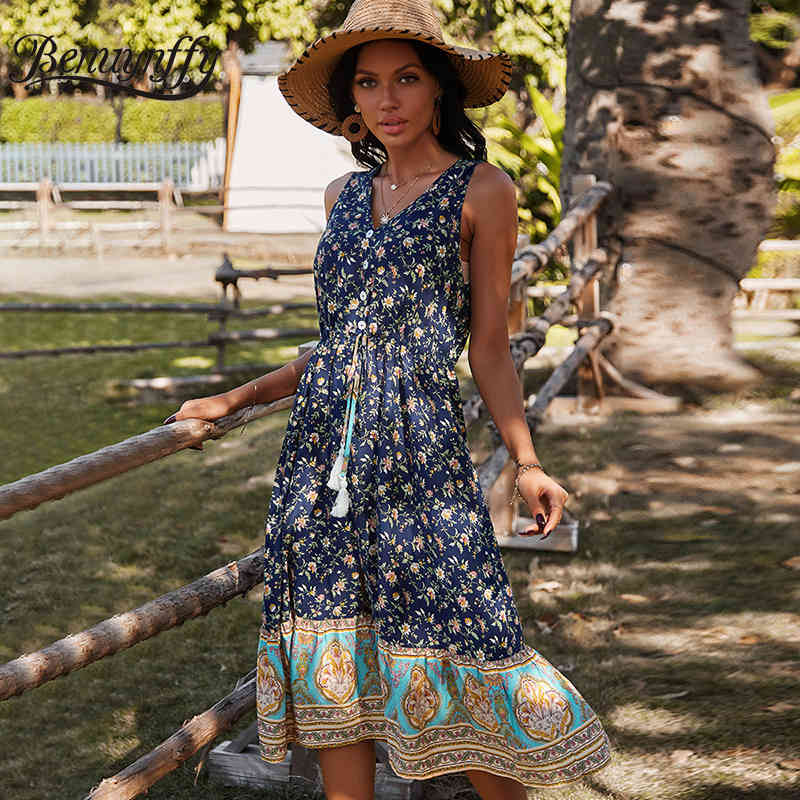 V-neck Button Front Tassel Drawstring High Waist Floral Print Bohemian Dresses Summer Holiday Style Women Long Dress 210510
