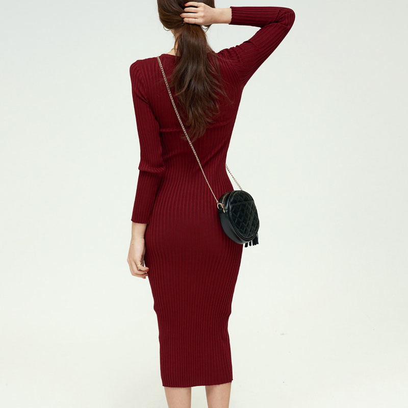 Solid Vintage Long Sleeve Dress Knit Sweater Women V Neck Winter Midi for Clothing Robe Femme 12700 210427