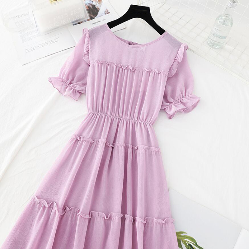 Women Solid Ruffles Summer Dress Boho Vintage Party Chiffon Dresses Elegant A-Line Korean Midi Long Dress Short Sleeve vestidos 210521