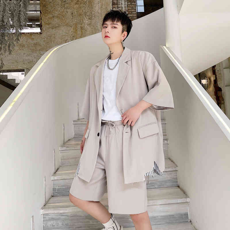 IEFB Summer Suit Shorts Drawstring Buckle Multi Bag Solid Elastic Waist Men's Casual Knee Length Pants Black 9Y6905 210524