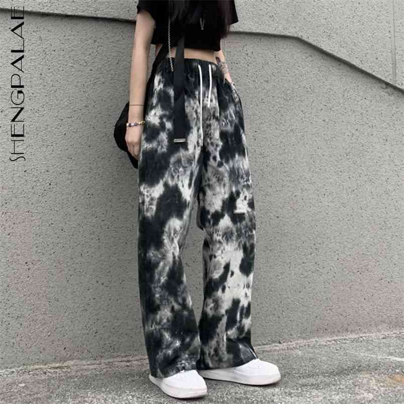 Trendy Tie Dye Pants Women's Spring Drawstring Sports Loose High Waist Printed Wide Leg Female 5B354 210427