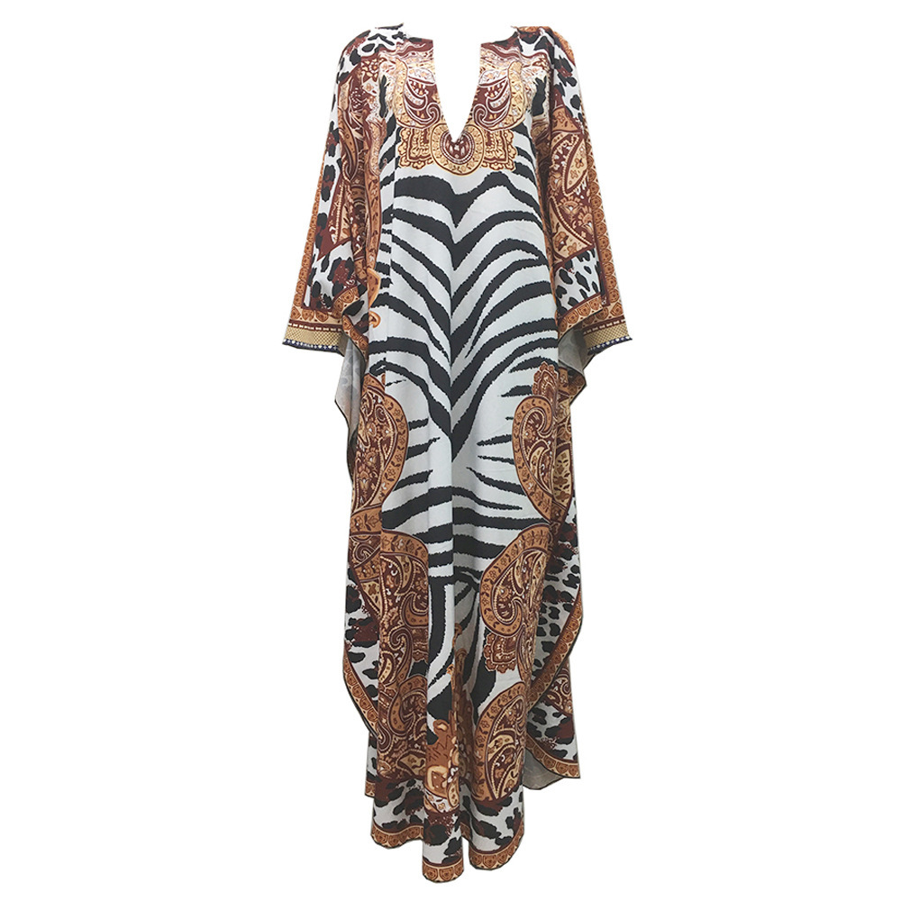 African Dresses for Women Plus Size Zebra Printed Dashiki Elegant Ladies Gown Muslim Abaya Kaftan Bat Sleeve V-neck Robes 210408
