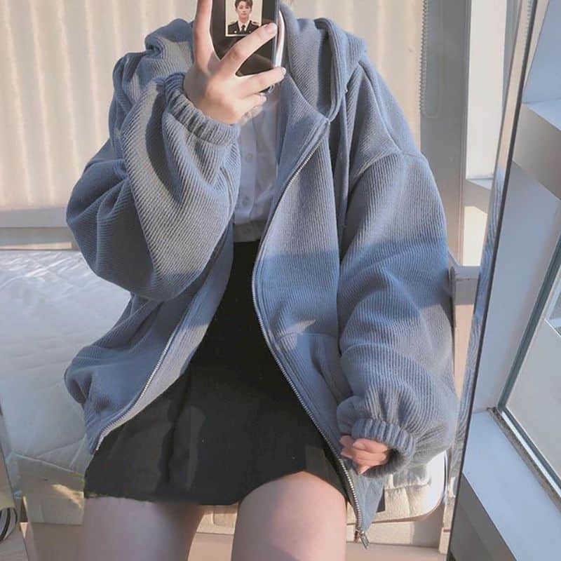 Autumn and winter zipper hooded jacket cute age reduction plus velvet cardigan sweater female Korean version loose lazy top 210526