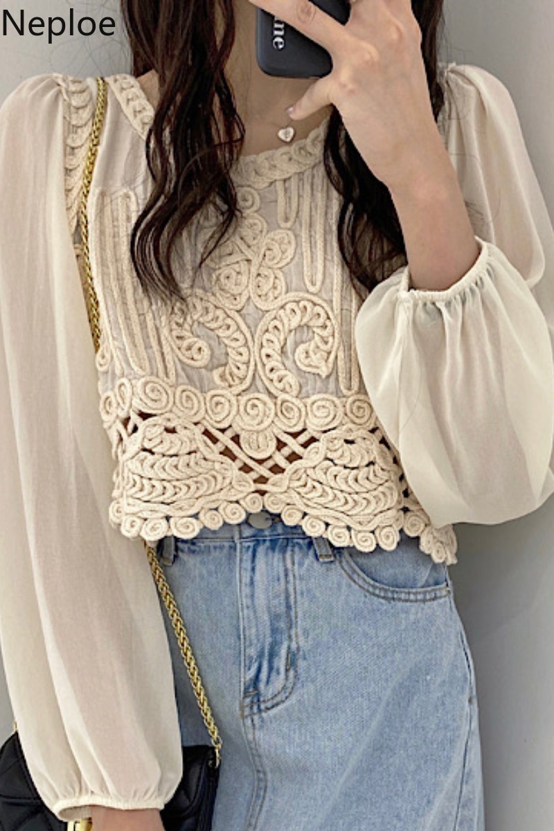 Neploe Blusas De Mujer Korean Chic Blouse Women Chiffon Crochet Floral Patchwork Shirts See Through Sun Protection Blouses Tops 210422
