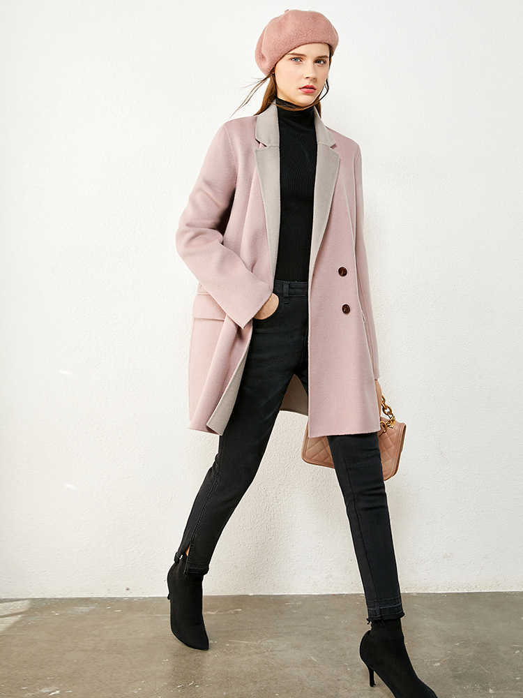 Minimalism Winter Fashion Coat Female 100%wool Lapel Double breasted Double-sided Woolen Women 12070524 210527
