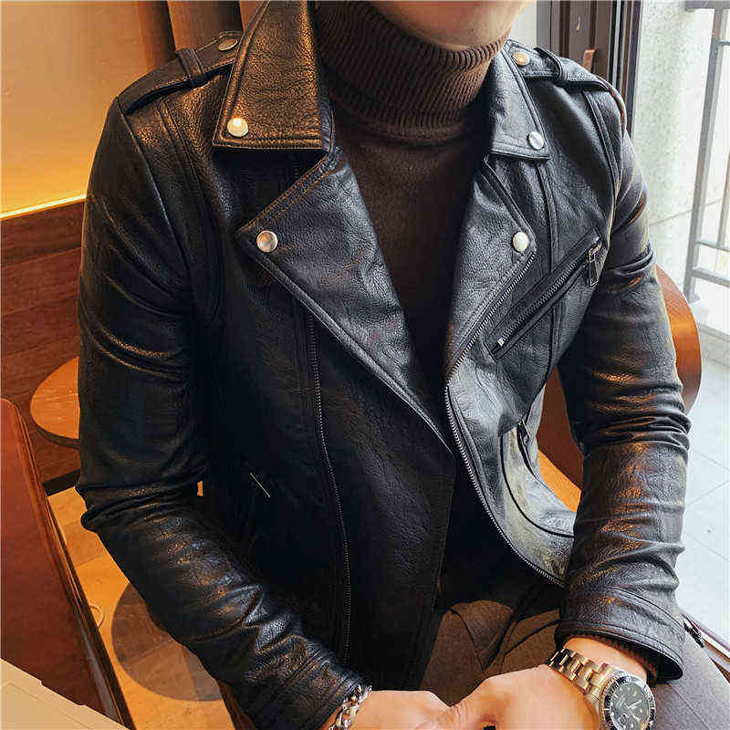 High Quality Autumn Winter Fashion Diagonal Zipper Pu Leather Jacket Men Clothing Slim Fit Turn Down Collar Casual Coat 3XL 211111