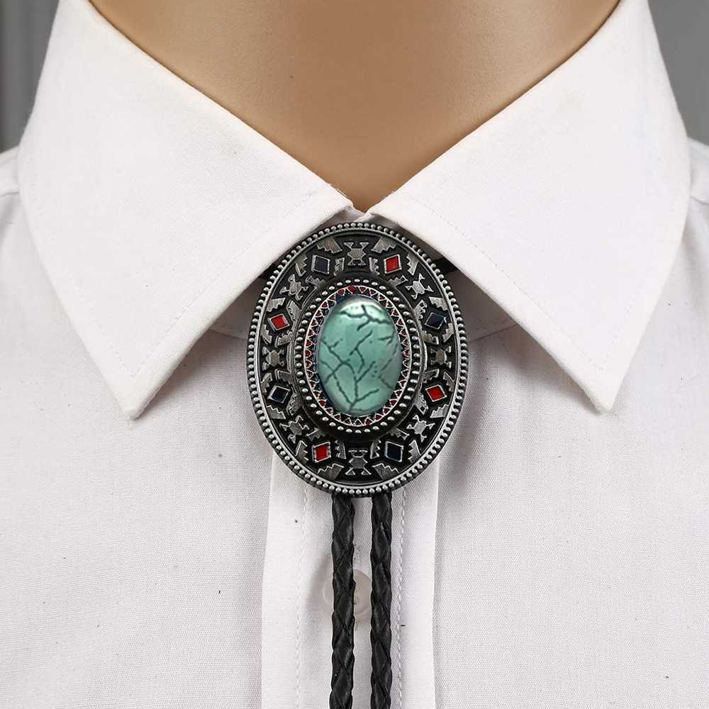 Handmade Southwest Totem Aquamarine Western Cowboy Bolo Tie for Shirt Necktie Metal Necklace Jewelry