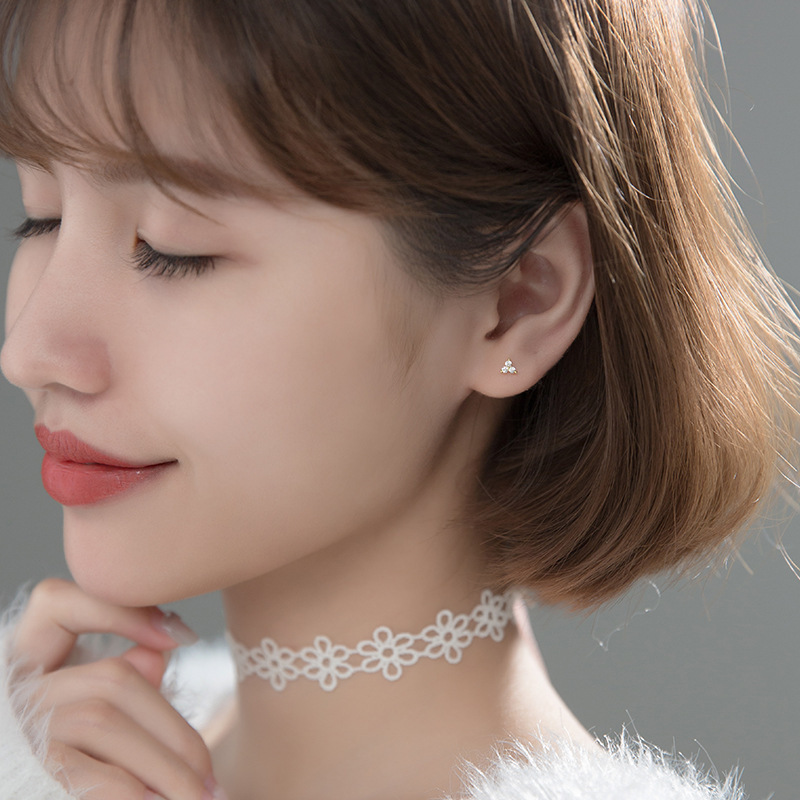 WANTME Genuine 925 Sterling Silver Romantic Three Petal Flower Mini Cute Stud Earrings for Women Girl Charming Party Jewelry 210507