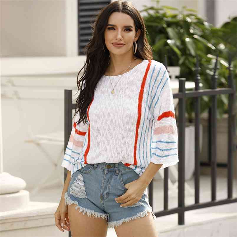 Winter Women Pullover Knitwear Sweater Red Blue Striped Flared Sleeve Loose Casual Female Crew Neck Autumn s 210604