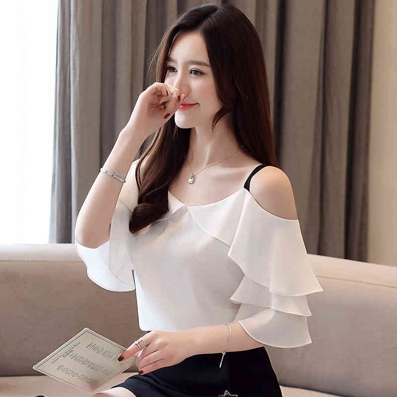 fashion woman blouses short sleeve women shirts white chiffon blouse shirt tops slash neck off shoulder top 3571 50 210506