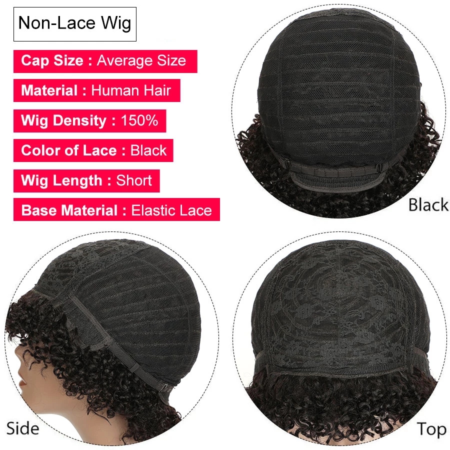 Pixie Cut Human Hair Short Curly Wigs Machine Made Perruque Cheveux Humain Brazilian 150% Full Density Bob Wig