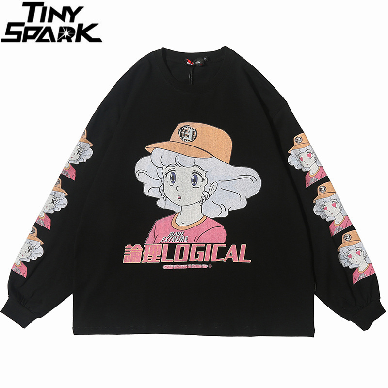 Men Hip Hop T Shirt Streetwear Cartoon Girl Print Harajuku Tshirt HipHop Oversize T-shirt Anime Cotton Tops Tee Long Sleeve 210329