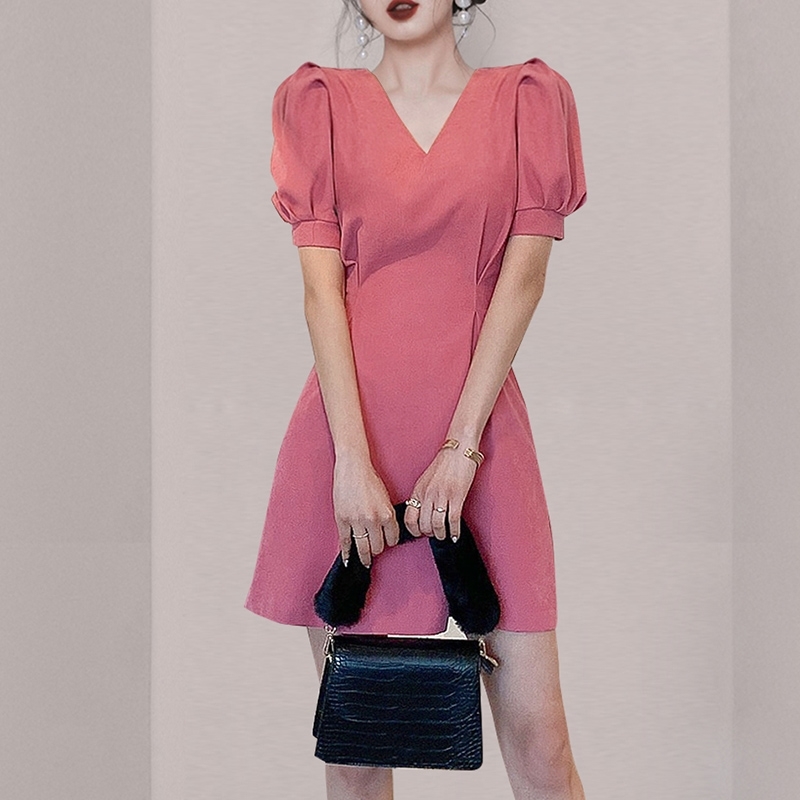 Women's Dress Summer Temperament Elegant V-Neck Puff Sleeve Vintage OL Female Slim Waist A-Line Mini 210519