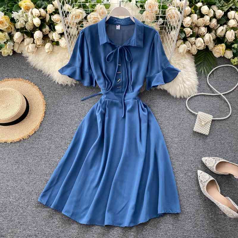 Elegant Office Lady Sweet Ruffle Dress Women Korean Chic Casual Short Sleeve Lace-up Vintage Summer Dresses Robe 210422
