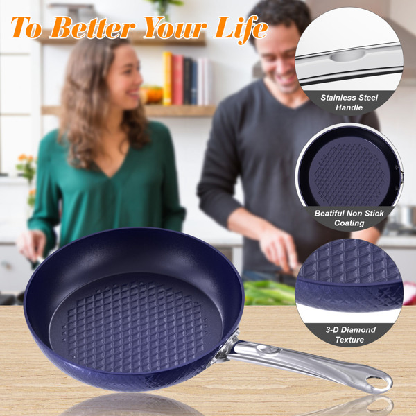 Cooking Utensils Frying Pan Sets Non Stick 3Pieces Blue 3D Diamond Cookware 20/24cm 18cm Saucepan - Pots and Pans Set Aluminum Ceramic Coating
