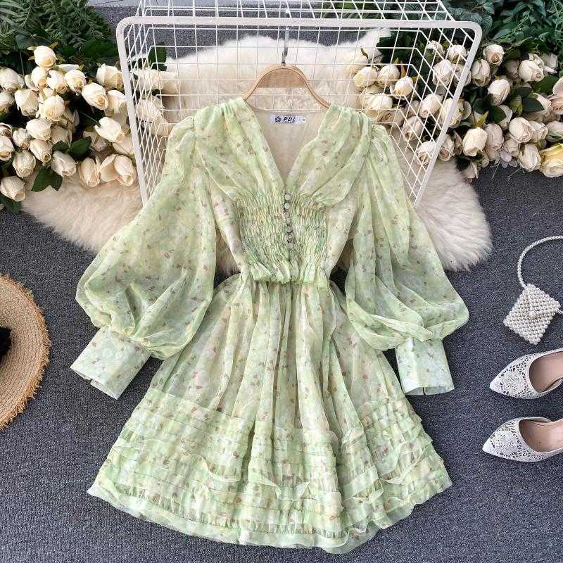 Court Long Sleeve Dress Autumn Women's Fashion V Neck Folds Waist Thin Sweet Wood Ear High Elegant Vestidos P470 210527
