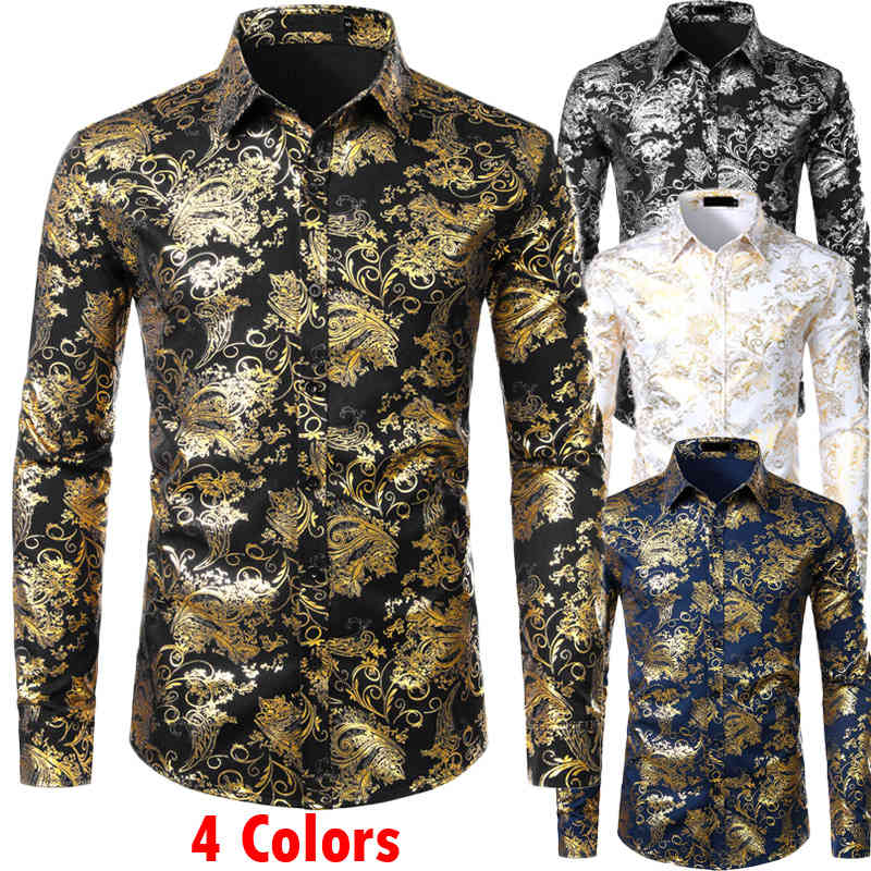 Mens Gold Floral Shirts Shiny Slim Fit Bronzing Shirt Men Wedding Club Stage Prom Shirt Male Chemise Homme Camisas Masculina XXL 210410