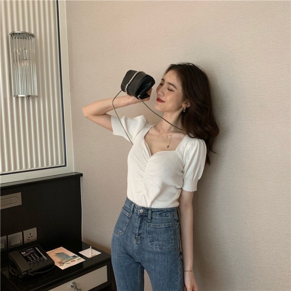 Wonder Knitted Short Sleeve T Shirts Retro V-Neck Puff Tees Vintage Korean Pleated Ladies Elastic 210510