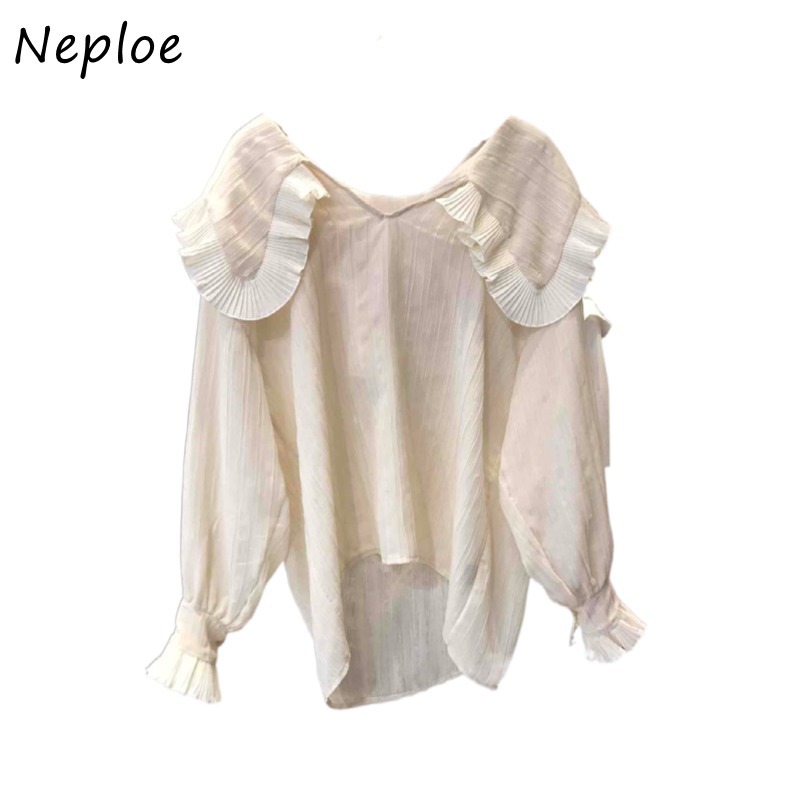 Peter Pan Collar Ruffles Patch Pulover Blouse Women Flare Long Sleeve Solid Blusas Spring Loose Shirt Feminino 210422