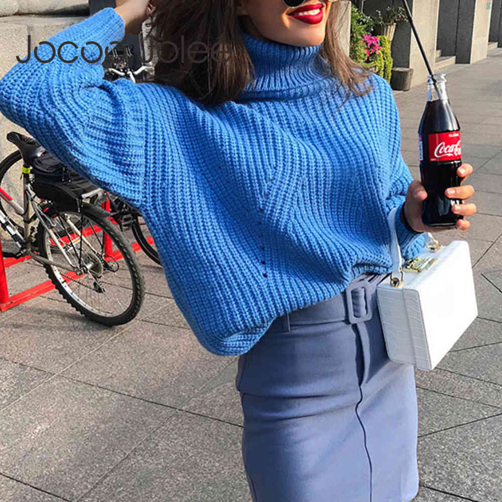 Women Blue Oversized Sweater Autumn Winter Long sleeve Turtleneck Knitted Casual Loose Pullover Jumpers 210428