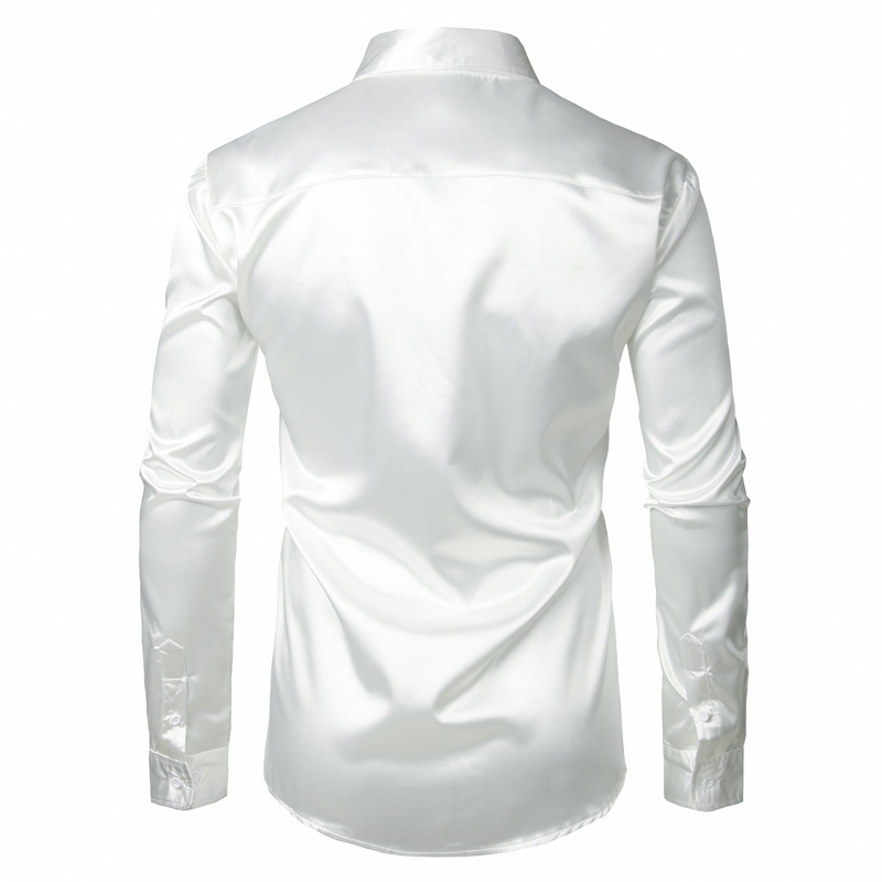 Stylish White Silk Satin Shirt Men Chemise Homme Casual Long Sleeve Slim Fit Mens Dress s Business Wedding Male 210721