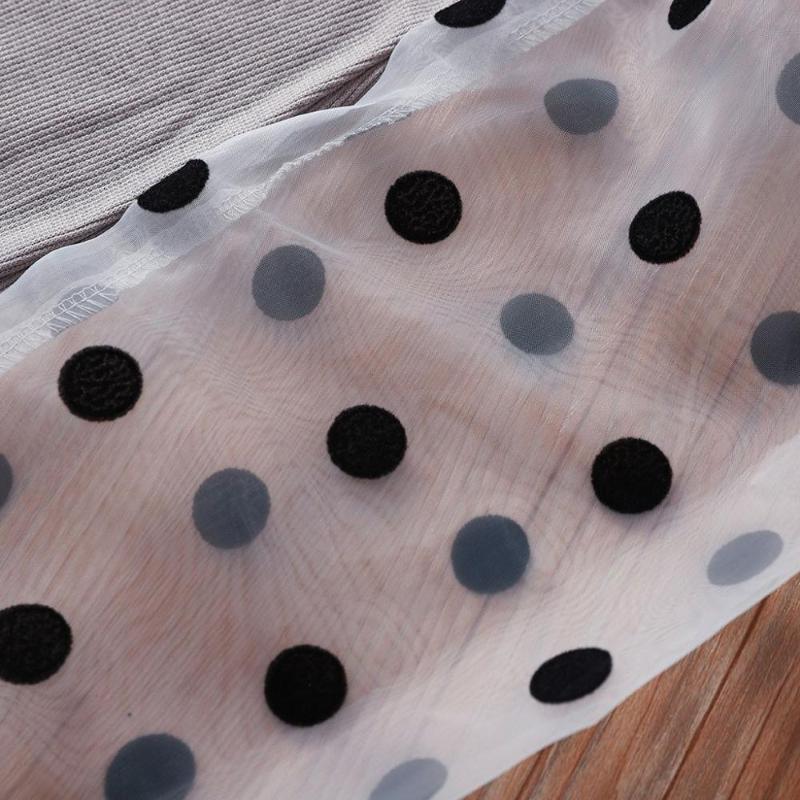 Sexy Puff Long Sleeve Mesh Knitted Dress Women Autumn O Neck Patchwork Lace Party Polka Dot Print Ladies Dresses Vestidos Casual