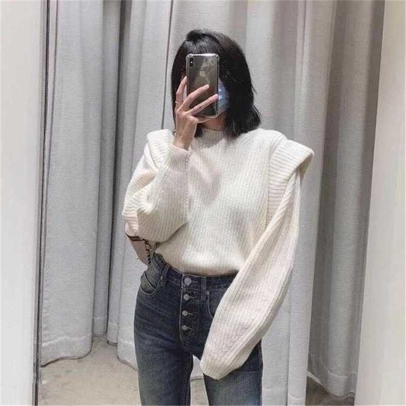 Office Lady Elegant Casual Style White Women Sweater Sweet Butterfly Sleeve Ruffles Solid Simple Winter Clothes 211011Z