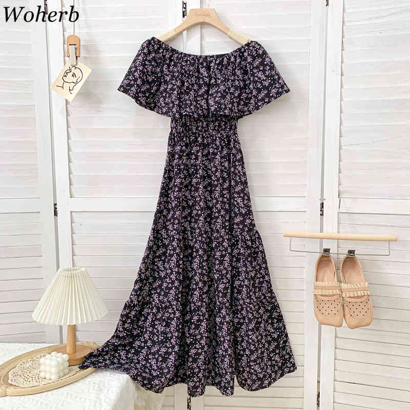 Women Beach Pleated Dress Summer Korean Sexy Off Shoulder Vintage Dresses Ladies Elegant Floral Print Long Robe Vestidos 210519