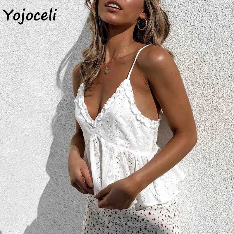 Yojoceli cute cotton embroidery camis top hollow out ruffle camisole shirt 210609