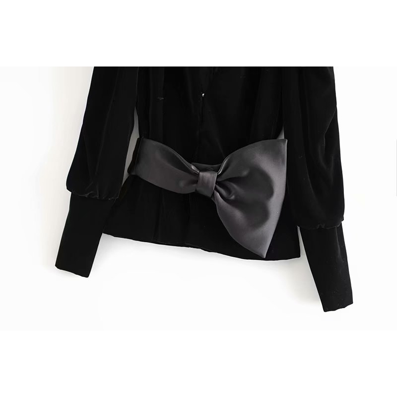 Nomikuma Elegant Velour Women Coat Autumn Winter Slim Jacket Korean Sweet Bowknot Puff Long Sleeve V-neck Outwear 6C917 210427