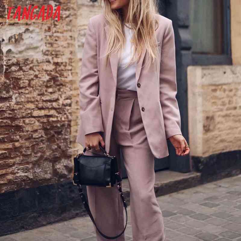 Women Solid Pink Blazer Coat Vintage Notched Collar Pocket Fashion Female Casual Chic Tops QJ135 210416