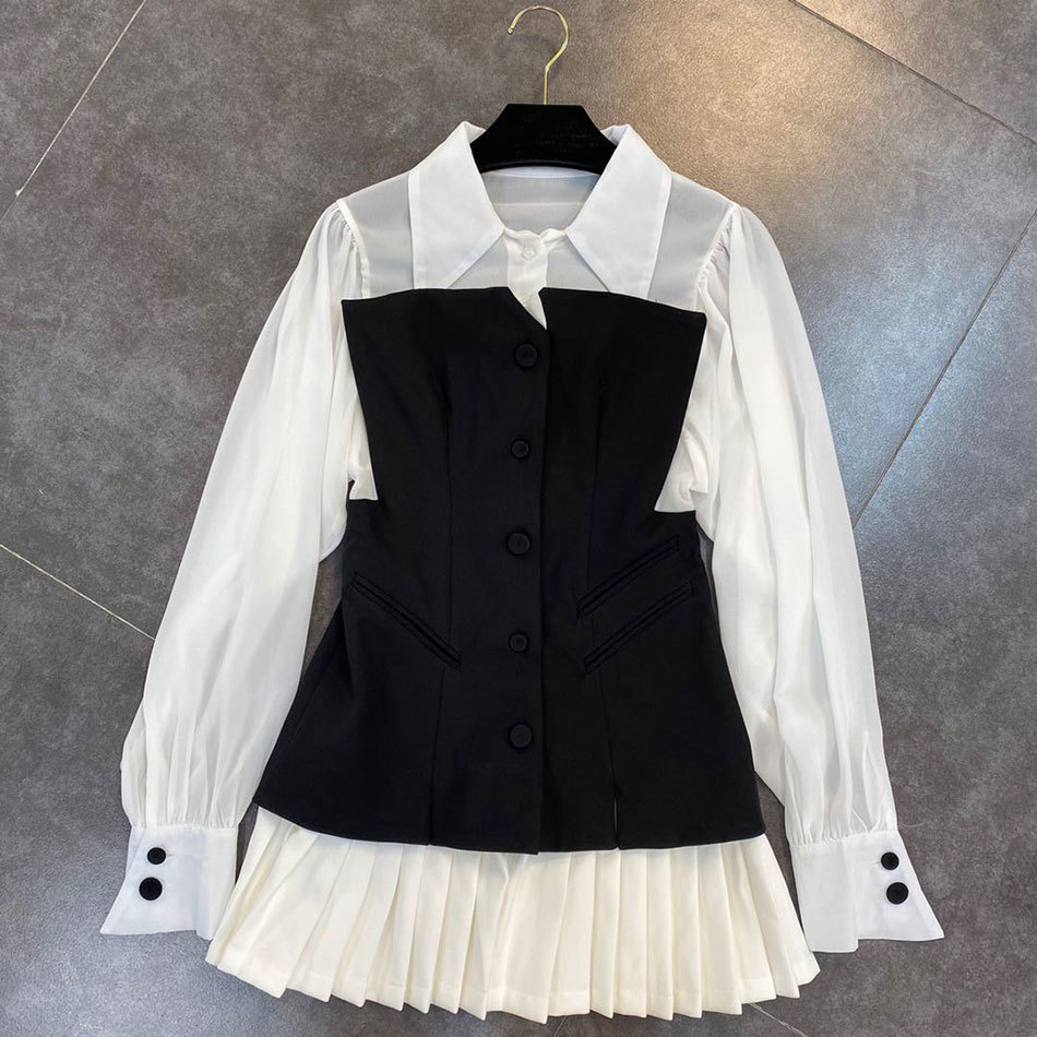 Free Fashion Women Bodycon Dress Lapel Lantern Sleeve Black and White Stitching Draped Sexy Party 210524