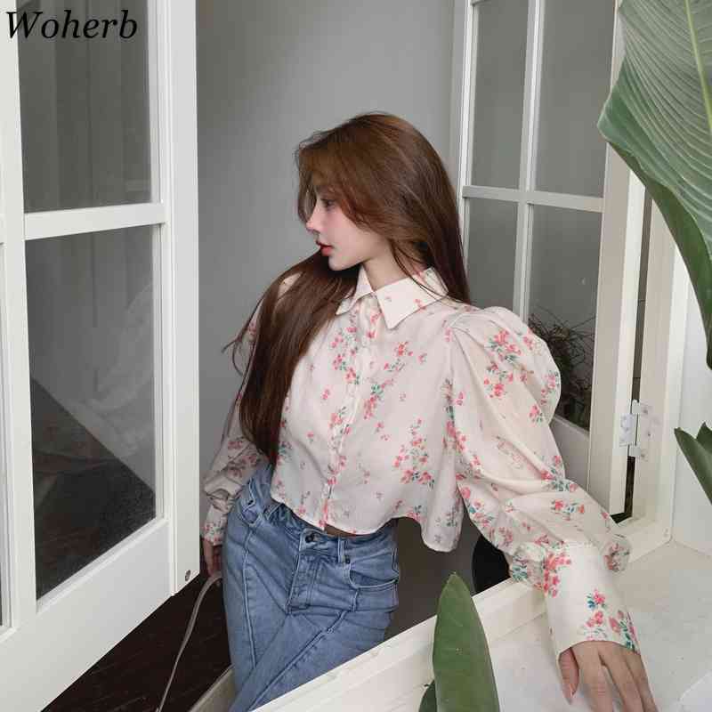 Floral Shirt Women's Elegant Turn Down Collar Puff Long Sleeve Blusas Spring Single Breasted Ladies Crop Tops Sweet 210519