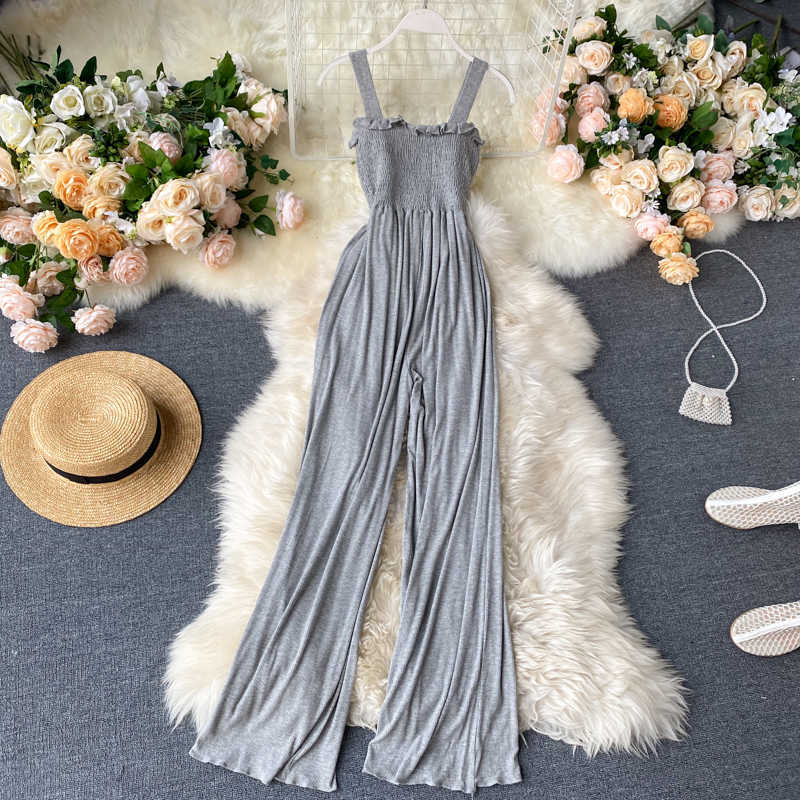 Women Jumpsuit Summer Elastic Pleated Waist Slimming Wide Leg Overalls L625 210527