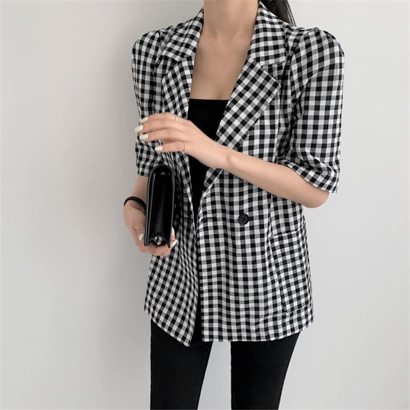 Vintage Plaid Suit Blazer Jacket Loose Elegant Summer Blazers Fashion Office Lady Short Sleeve Women Coat Tops 210421
