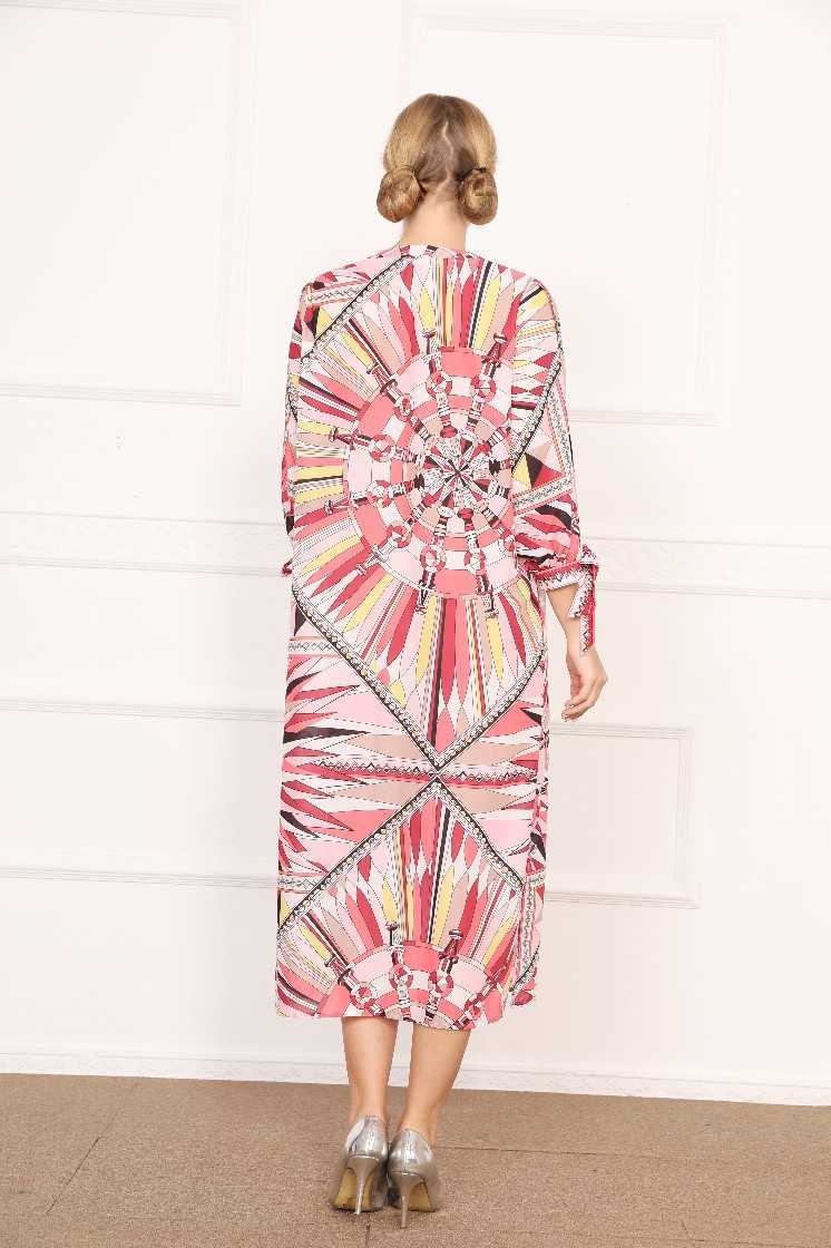 Printed V Neck Full Cuff Hip Print Mid Calf Dress for Women 210615Z