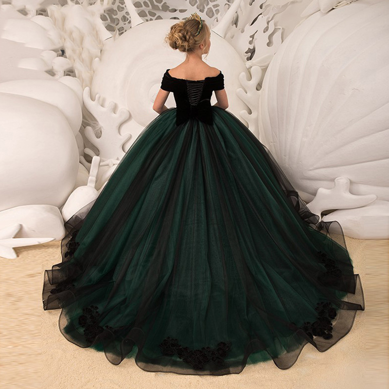 Kids Dresses Girl Elegant Long Prom Green Tulle New Children Graduation Dress Teen Wedding Bridesmaid Robe First Holy Communion Gowns 403